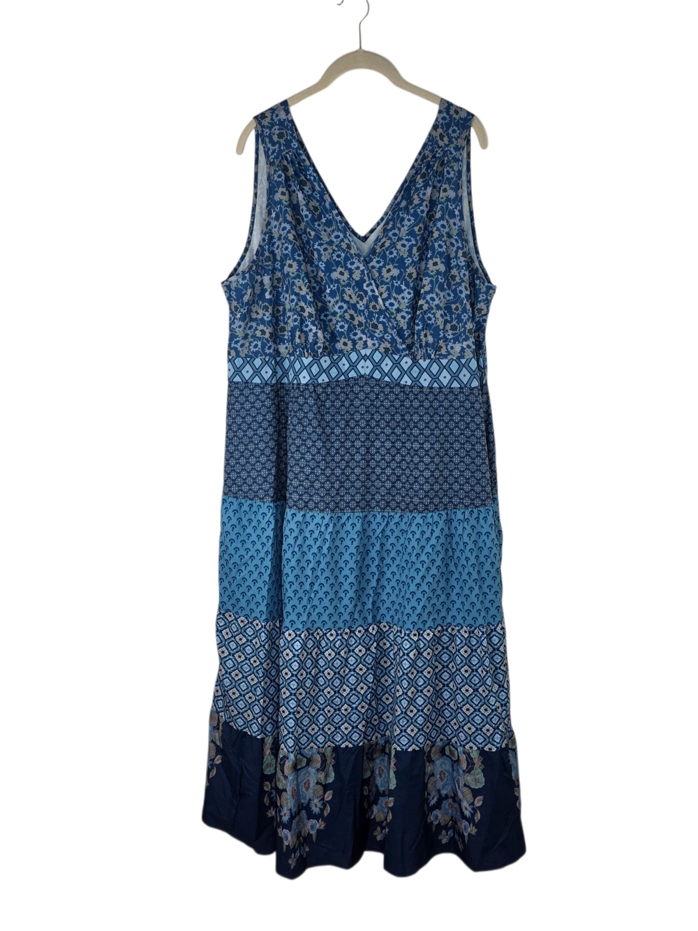 BloomChic Blue Floral Sleeveless Faux Wrap Tiered Patchwork Maxi Dress 18/20 - Picture 2 of 12